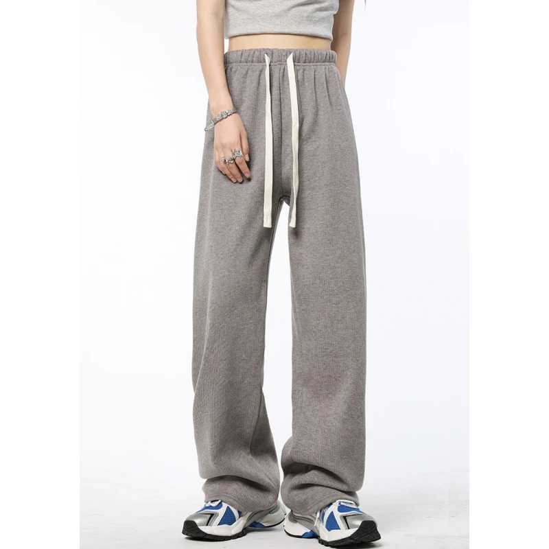 

Grey Plush Women Casual Pants High Waist Vintage Straight Baggy Pants American Streetwear Style Fashion Female Wide Leg Trouser