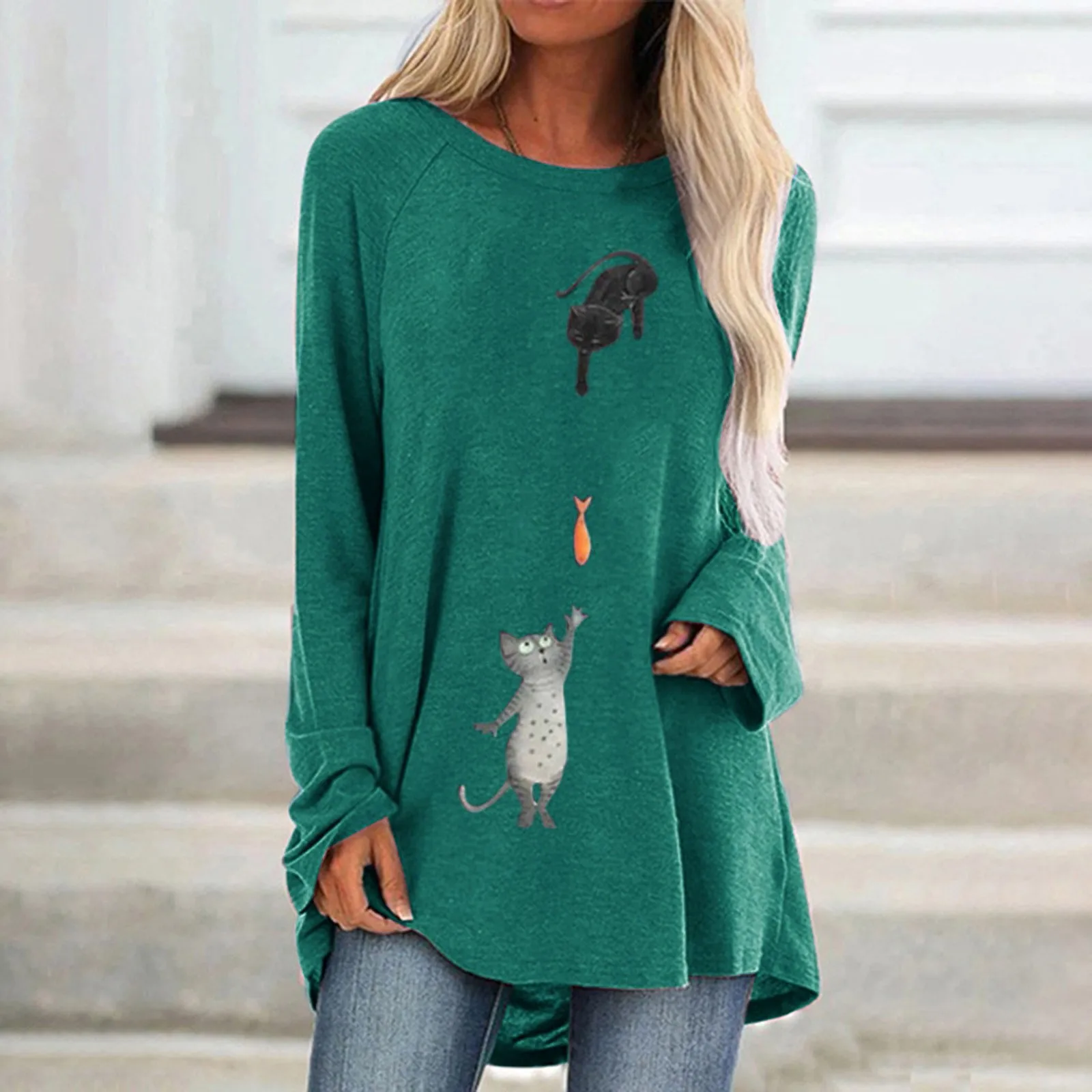 

Женская модная блузка с длинным рукавом и круглым вырезом