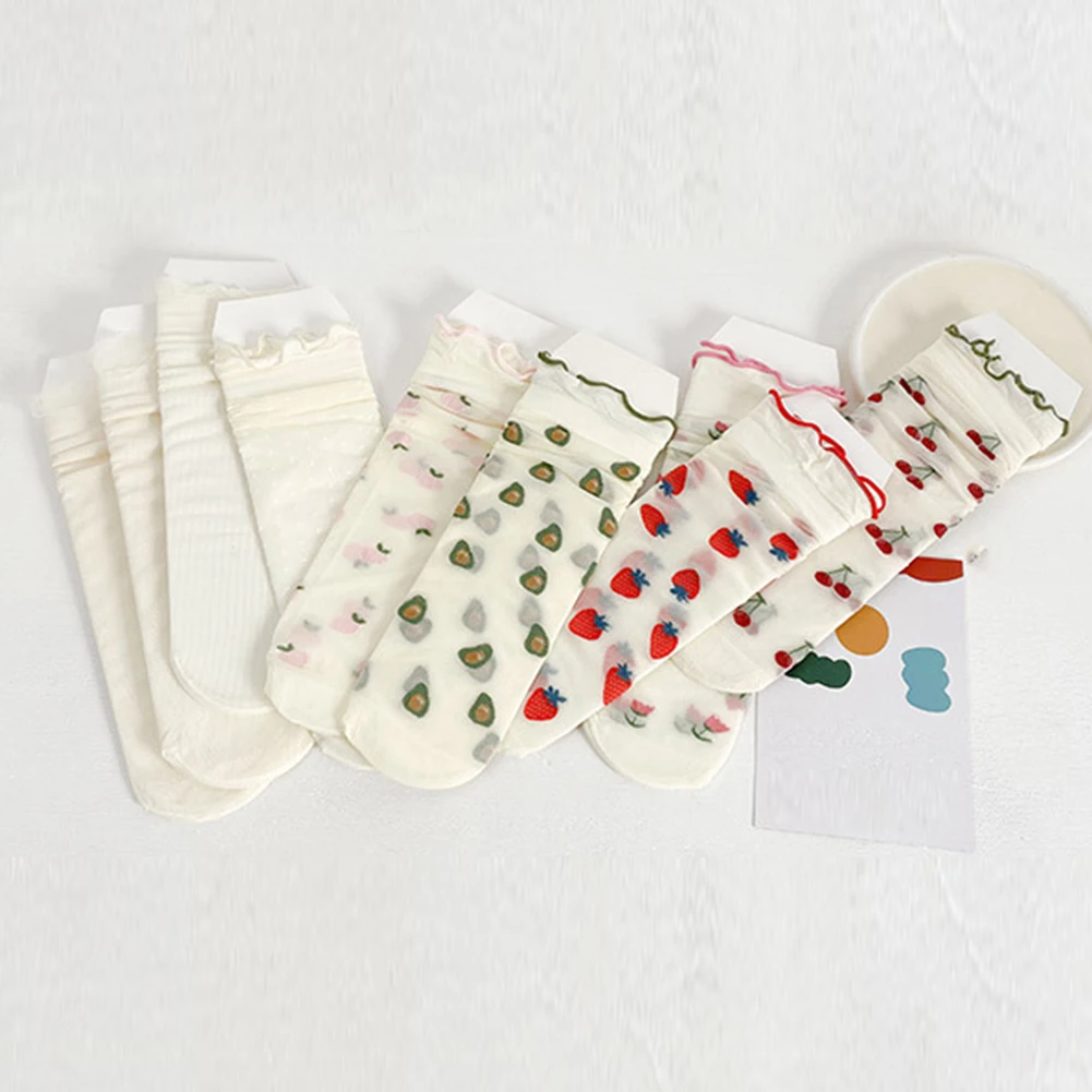 

Women Socks New Fashion Summer Thin Breathable Lolita White Cute Socks Lace Heart Strawberry Cherry Avocado Peach Fruit Pattern