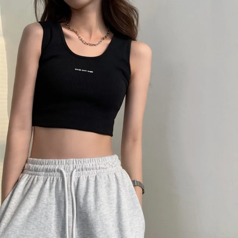 

Summer Ribbed Knitted Tank Top Sexy Crop Vest Solid Harajuku Korean Female Off Shoulder Black White Summer Women Slim Y2k Tops