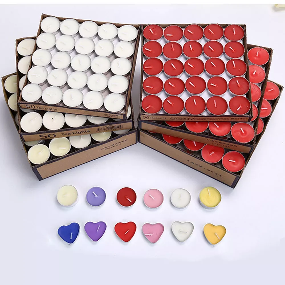 

50pcs/set Tea Wax Candle Birthday Wedding Party Candle Candlelight Dinners Candle Romantic Decorative Candles In Aluminum Cups