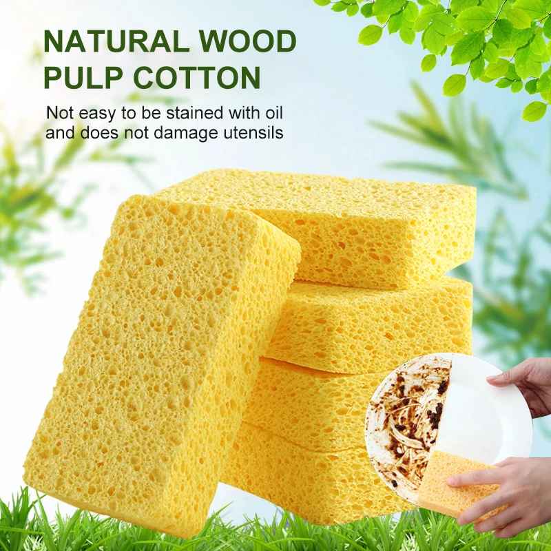 

Dishwashing Sponge Block Kitchen Powerful Decontamination Scouring Pad Natural Wood Pulp Cotton Brush Pot Wipe Cleaning Sponge