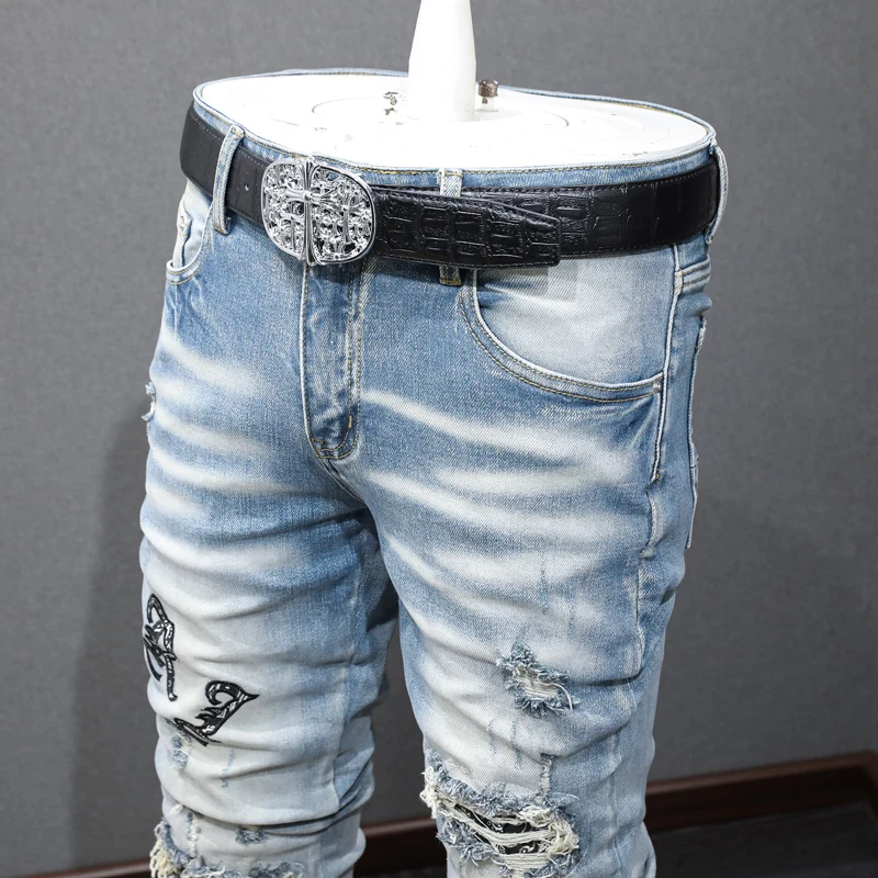 High Street Fashion Men Jeans Retro Light Blue Elastic Stretch Skinny Fit Ripped Jeans Men Brand Patches Designer Hip Hop Pants