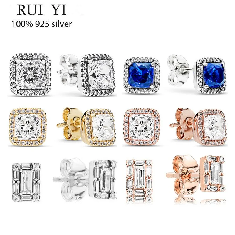 

Fit Original Luxury 925 Sterling Silver Square Bright Cz Pan Earrings For Women High Quality Diy Fashion Wedding Jewelry