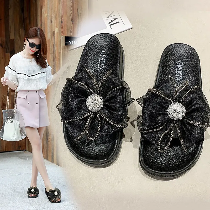 

Large Size Sandals and Slippers for Women's Outer Wear 2021 New Summer Flat Bottom Rhinestone Bow Flip Flops