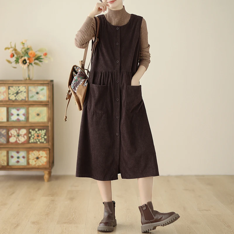 # 6917 осенне-зимнее платье-майка без рукавов женское однобортное платье с круглым