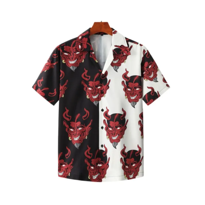Hawaiian Oversized Men's Medusa Retro Shirt Casual Lapel Devil Print Fashion Street Clothing Summer Short Sleeved Top Blouse Men