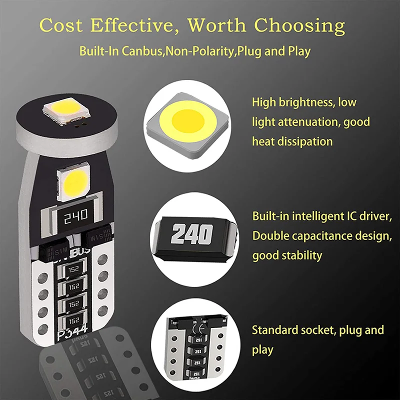 Супер яркие светодиодные лампы T10 W5W Canbus для внутреннего стекла двери автомобиля