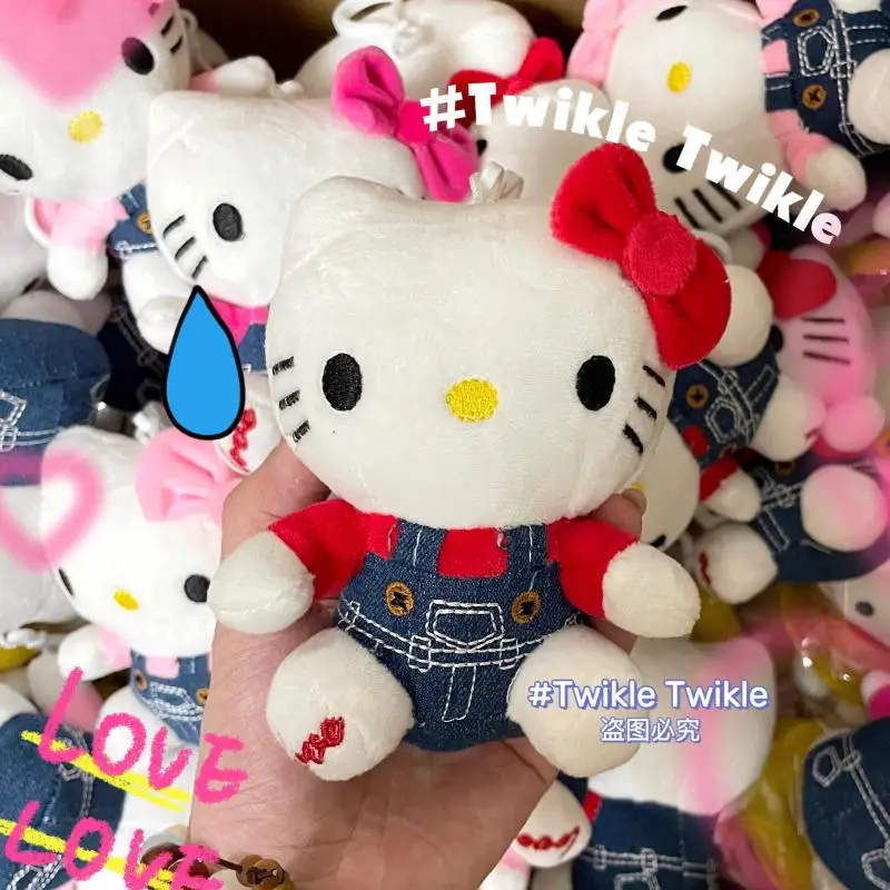 

Hello Kitty Vintage Denim Strap Pants Plush Doll Pendant Kawaii Kt Cat Sitting Version Cute Cartoon Filled Toys Keychain Gift