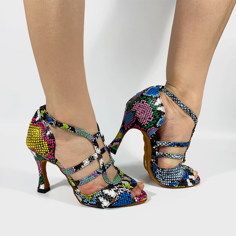 Dancing Shoes Suede Leather Sole Customized Heel 9cm 7cm Colorful Snake Leather African Latin Salsa Dance Shoes Girls