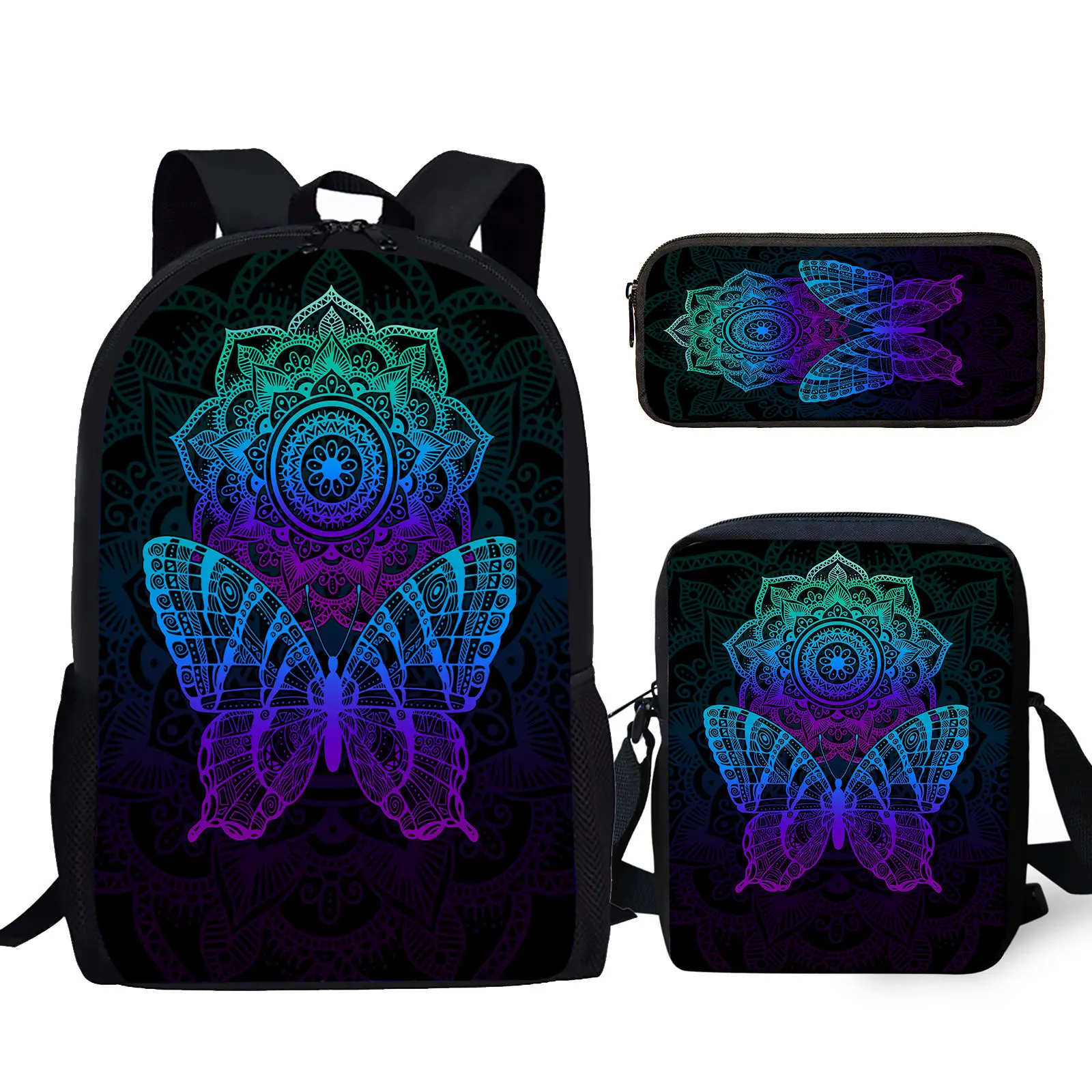 

YIKELUO Gradient Color Mandala Print Butterfly Durable Backpack Large Capacity Youth Notebook Textbook Bag Messenger Bag