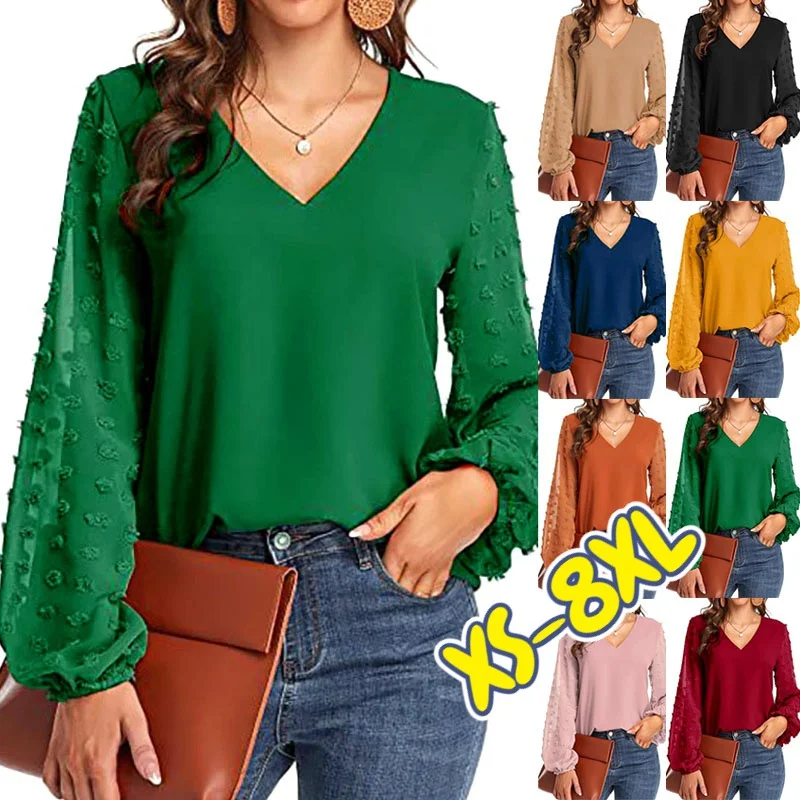 Купи Women Autumn and Winter Casual Long Sleeve Shirts Solid Color Embroidered Tops Ladies Deep V-neck Lantern Sleeve Loose Blouses за 554 рублей в магазине AliExpress