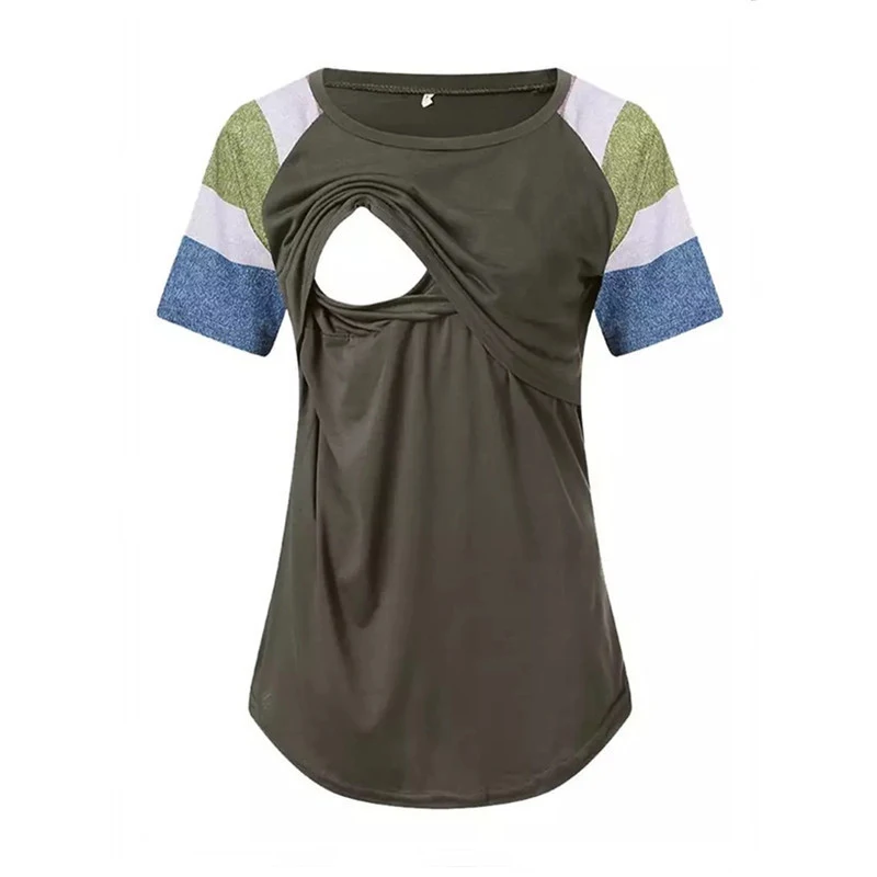 

Блузка женская в полоску, топ для кормящих матерей, с коротким рукавом, в стиле пэчворк, летняя одежда для беременных, Рубашка для кормления грудью
