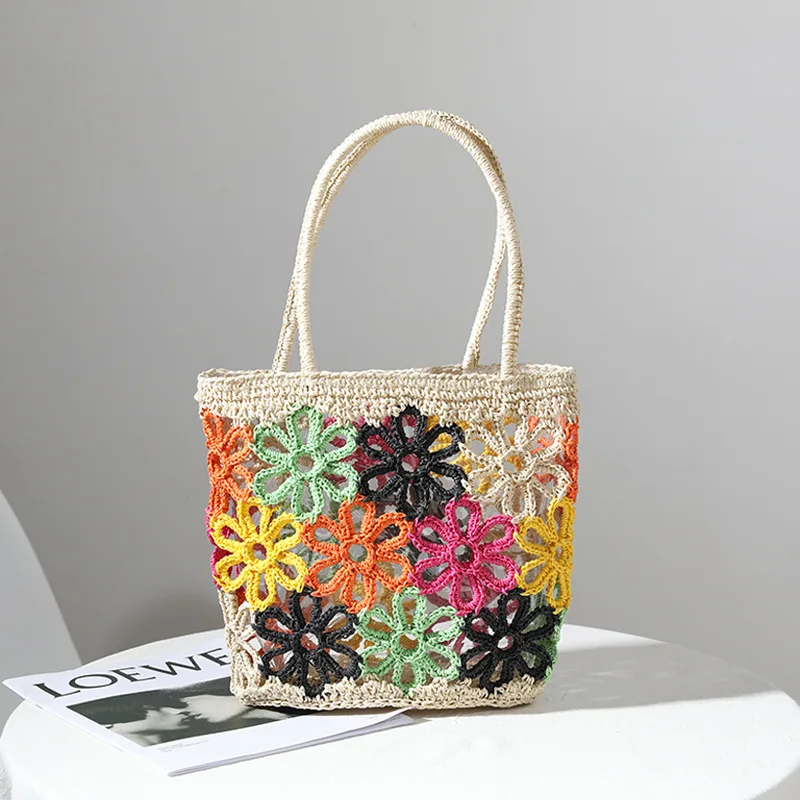 

Spring Summer Picnic Straw Bag Hollow Out Flower Basket Hand Woven Bag Women's Hand-held Bucket Seaside Holiday Beach Bag