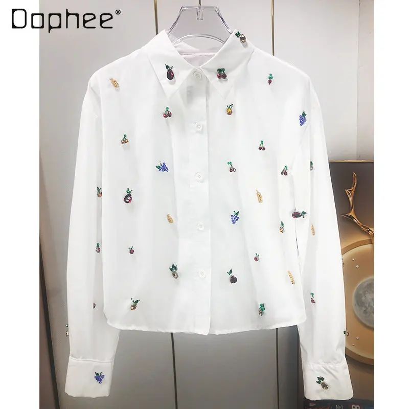 Women's White Shirt Design Sense Niche Spring and Summer New Fruit Beaded Heavy Industry Solid Color Loose Long Sleeves Top