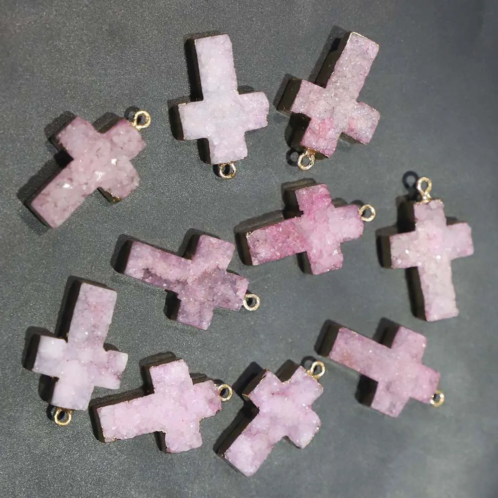 

Natural Stone Crystal Cross Single Hole Necklace Pendants Pink Agate Gift Earrings Jewelry Making Accessories Wholesale 5Pcs/Lot