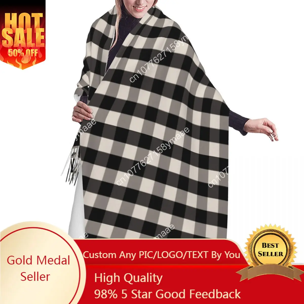 

French Toile De Jouy Checkered Off White Tassel Scarf Women Winter Warm Shawls Wraps Female Traditional France Art Scarves