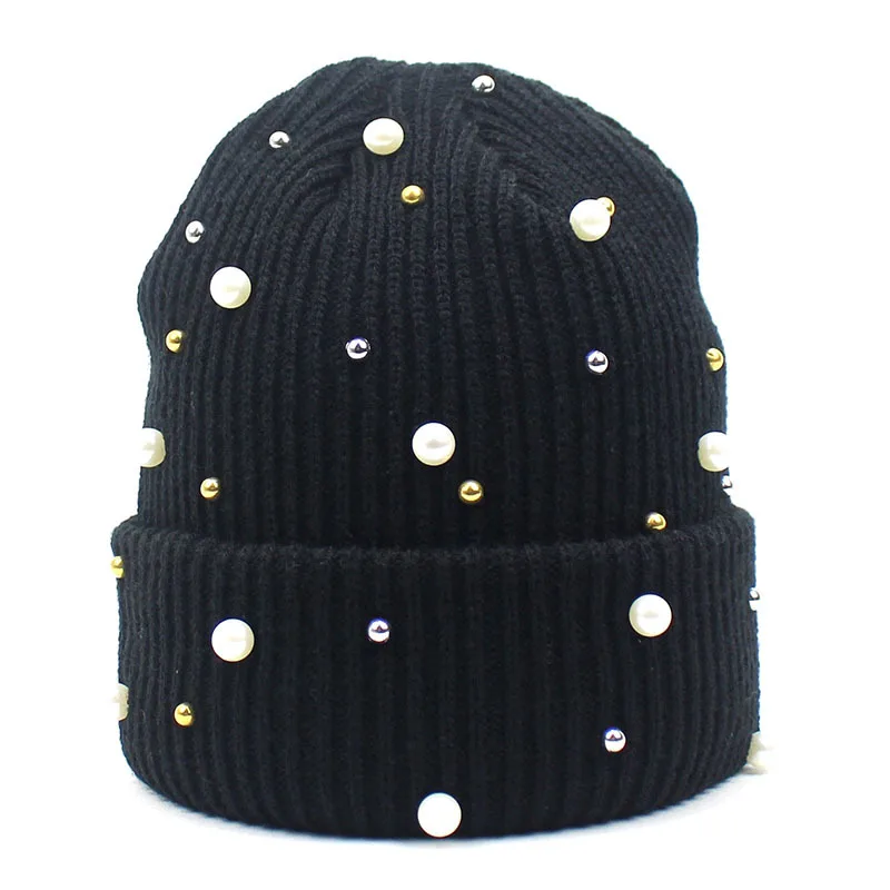 

Зимние однотонные вязаные шапки с манжетами, украшенные жемчугом, теплые вязаные шапки, повседневные женские шапки, облегающие шапки с рези...