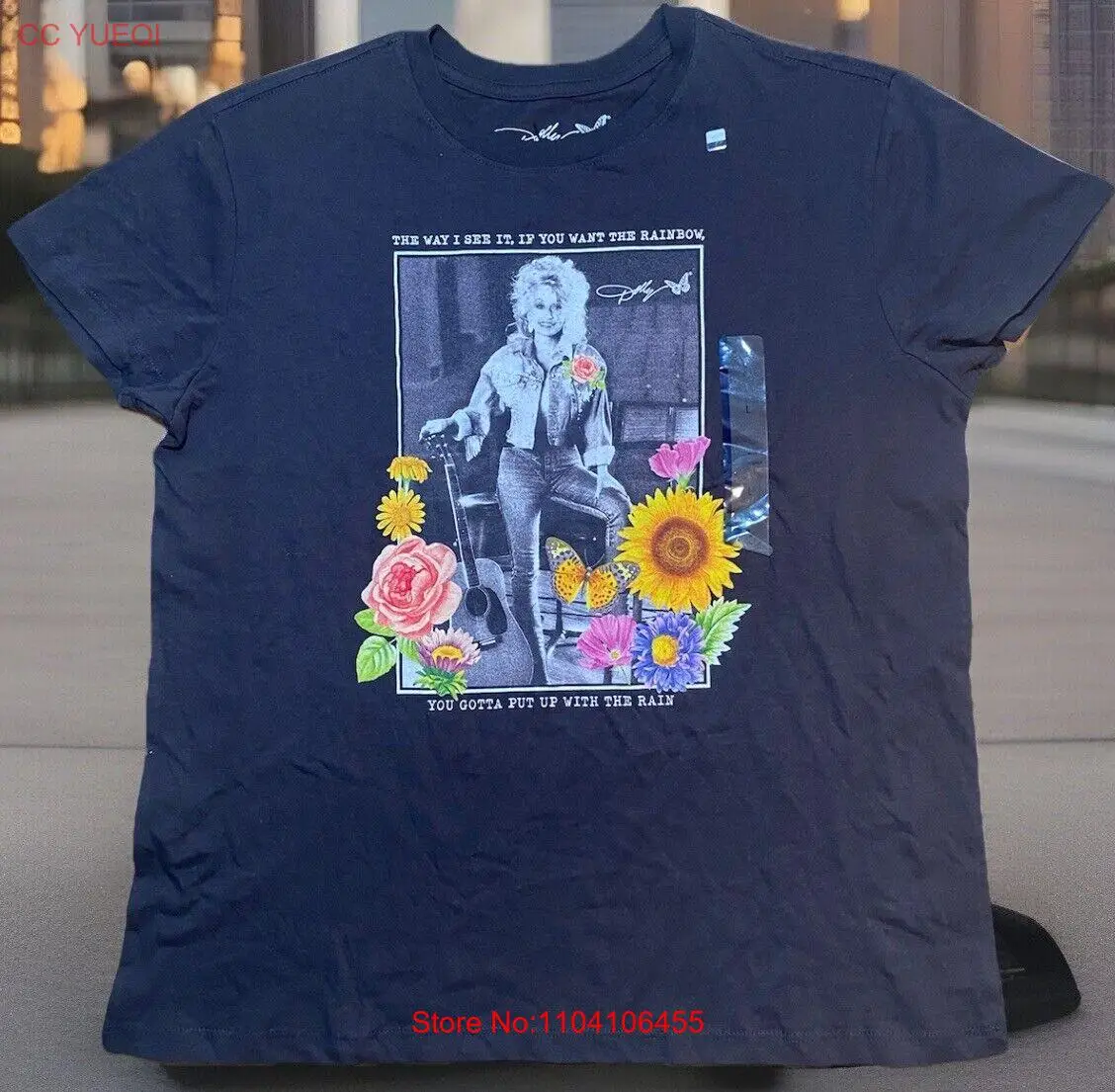 Dolly Parton T-Shirt Large Top Floral Crew Neck Short Sleeve Rain Rainbow NWT