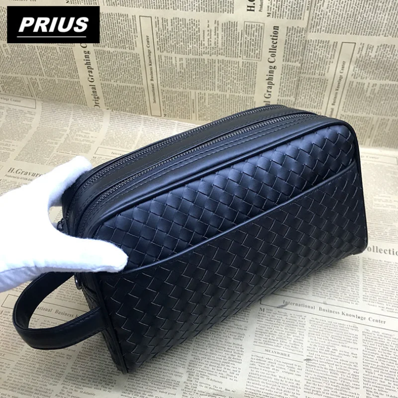 Men High Quality Luxury Woven Clutch Bags Cow Genuine Leather Purse Fashion Casual With Hand Strap Wallet Double Zipper Handbag