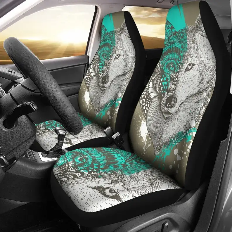 

Wolf Head, Jeep VW Beetle, Chevrolet Chevy, Boyfriend Dad Son, Gift Present Idea, Multi Colored, 2 Front Seat Covers, Car Seat