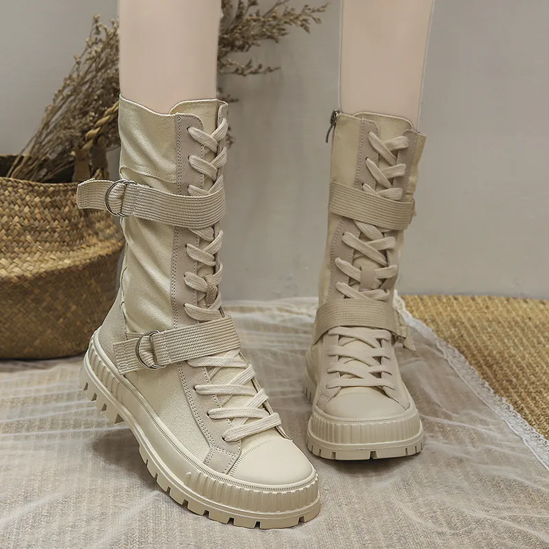 

Весенне-осенние модные парусиновые сапоги с круглым носком на среднем каблуке для женщин, обувь на платформе с высоким берцем, на шнуровке, женские армейские сапоги, женские сапоги резиновые сапоги женские ботинки