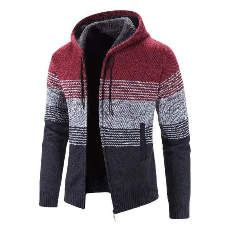 Y2k Autumn Winter Men's Cashmere Thickened Cardigan Sweater Large Size Coat Hooded Color Korean Version Knitted Sweater