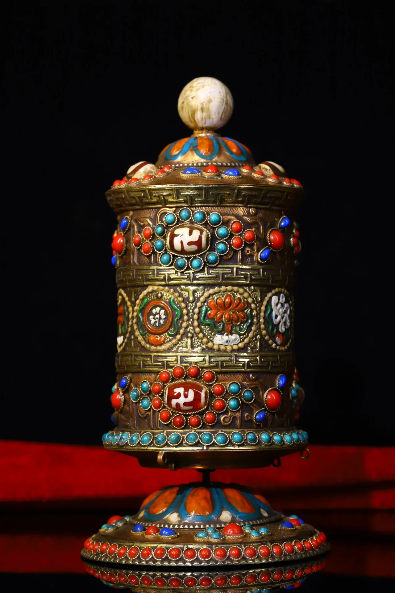 

Коллекция тибетских храмов 7 дюймов, старая бронзовая позолоченная мозаика, драгоценный камень, бусины Dzi, благоприятные восемь сокровищ, ст...