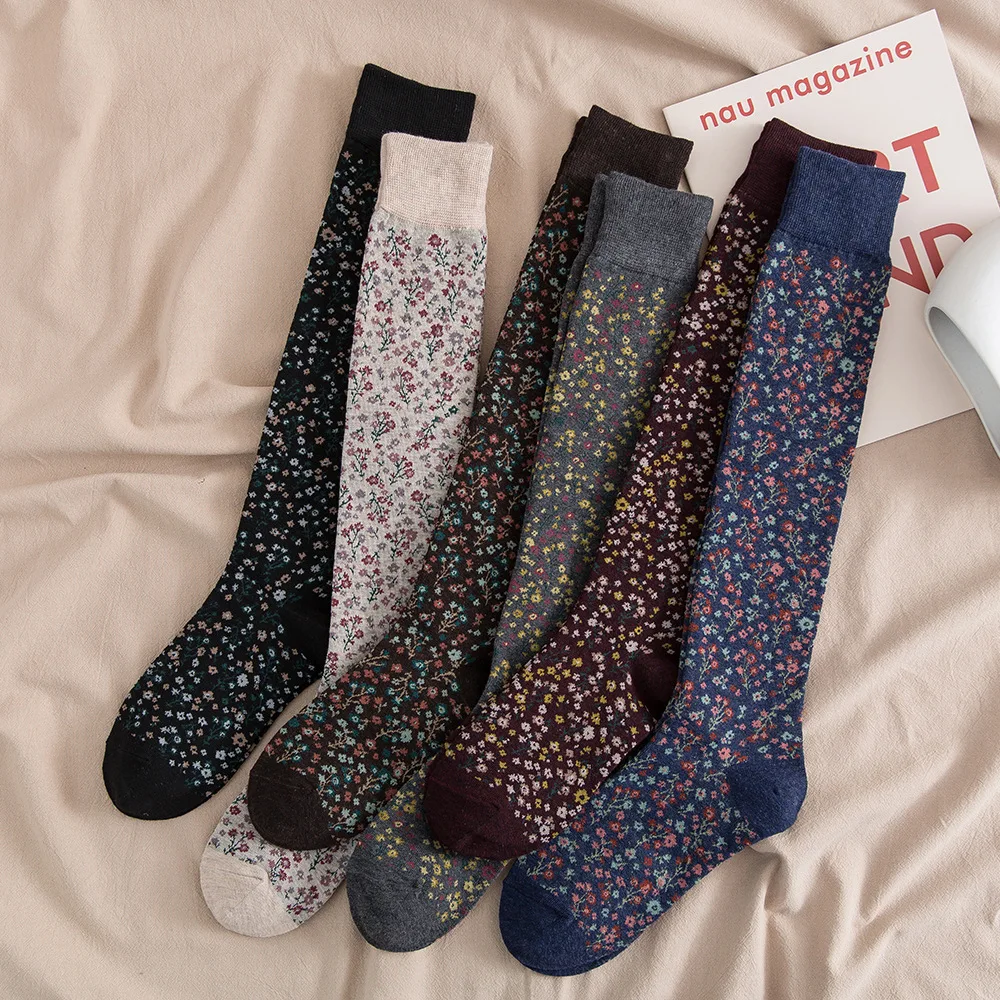 

Floral Socks Women's High Tube Knee Socks Pile Stockings Retro Spring and Summer Cotton Socks Soft Knee High Socks
