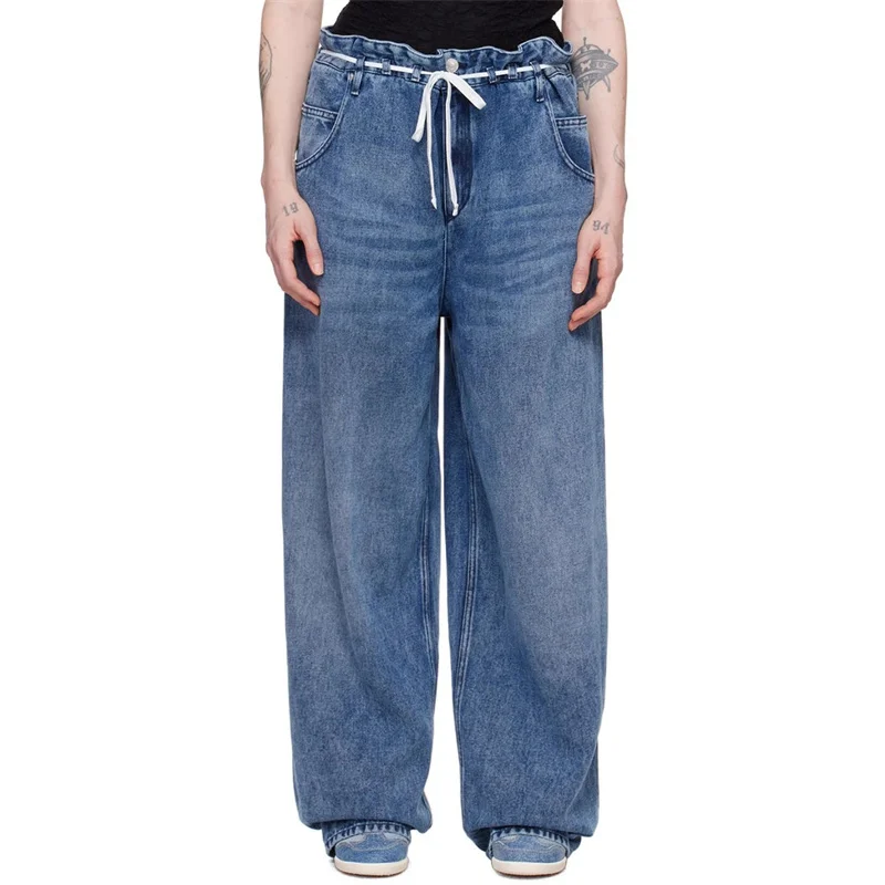 Женские брюки Новинка лета 2024 узкие джинсы на шнуровке с высокой талией прямые из