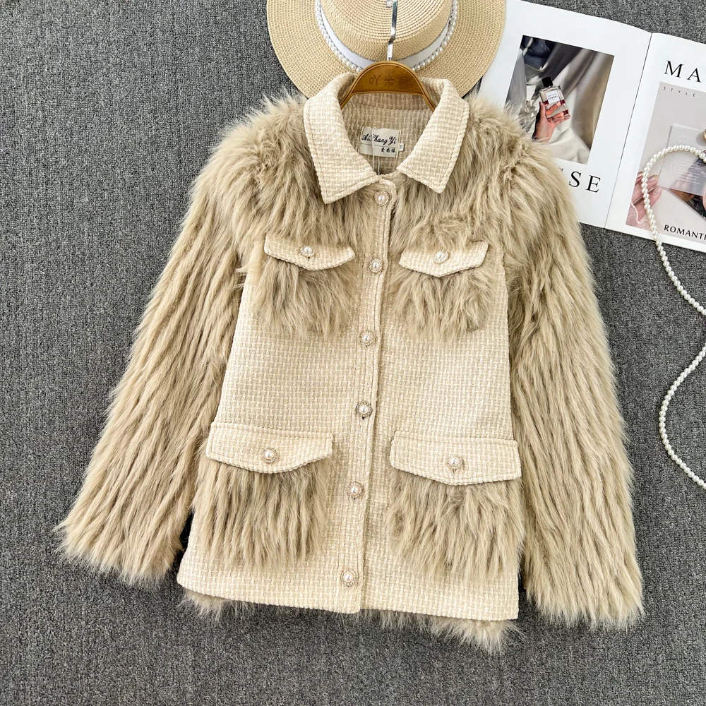 

Amolapha Women New Arrived Winter Thick Warm Tweed Patchwork Fox Fur Single Breasted Jackets Coats