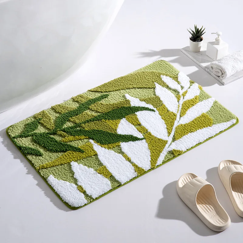 Коврик для ванной с зелеными листьями Нескользящий Впитывающий из микрофибры