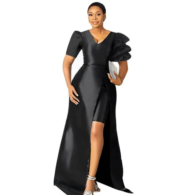 

African Maxi Dress Women Puff Sleeve High Waist Split Robe Vestido Summer Fashion Solid Vintage Elegant African Party Dress Gown