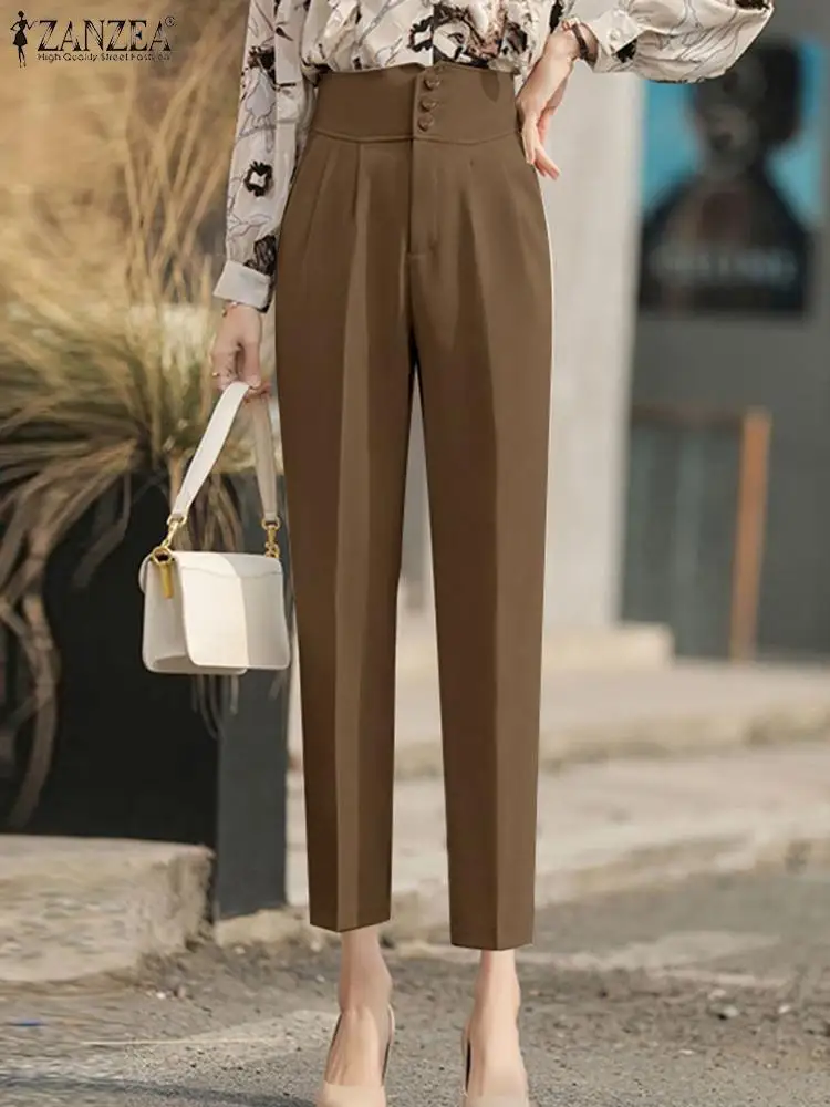 

ZANZEA Casual Commute Pantalon Elegant Korean Fashion Solid Office Pants Women Button 2023 New Notch High Waist Cropped Trousers