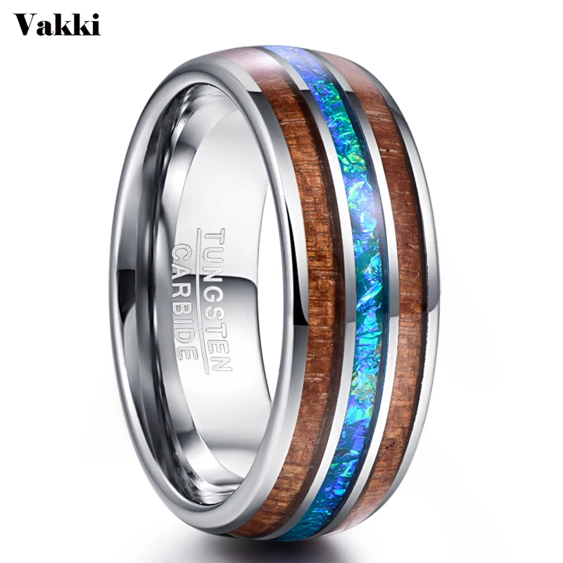 

VAKKI 8mm Classic Hawaiian Koa Wood Colorful Opal Tungsten Carbide Ring Fashion Jewelry Dome Polished Men's Wedding Bands Rings