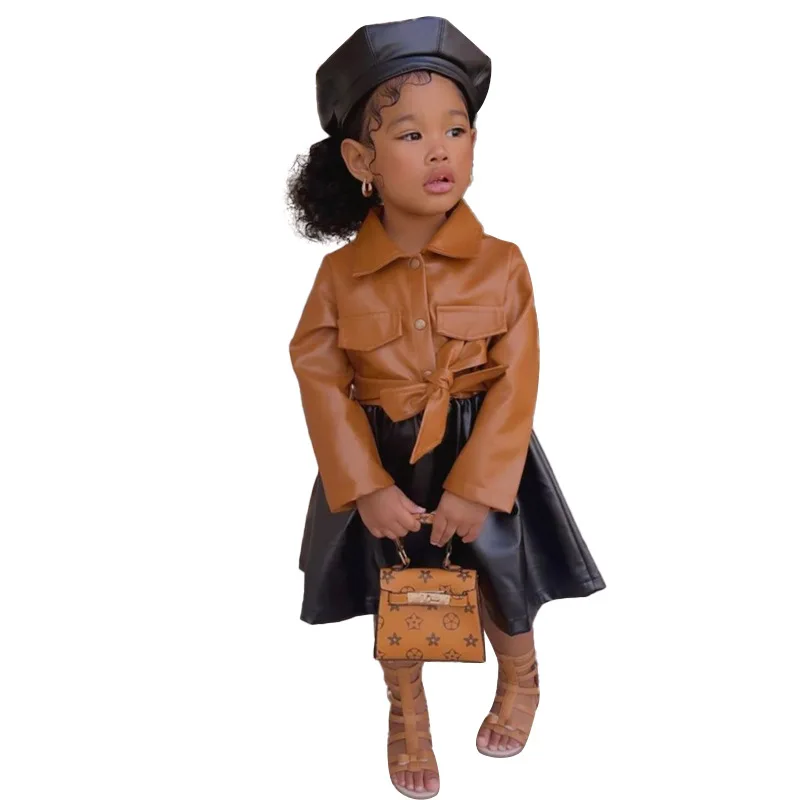 

6pcs/Lot Kids Long Sleeve PU Patchwork Girl Dress Autumn Clothes Lolita Dress Children Girls Casual Dresses With Belt Outfits