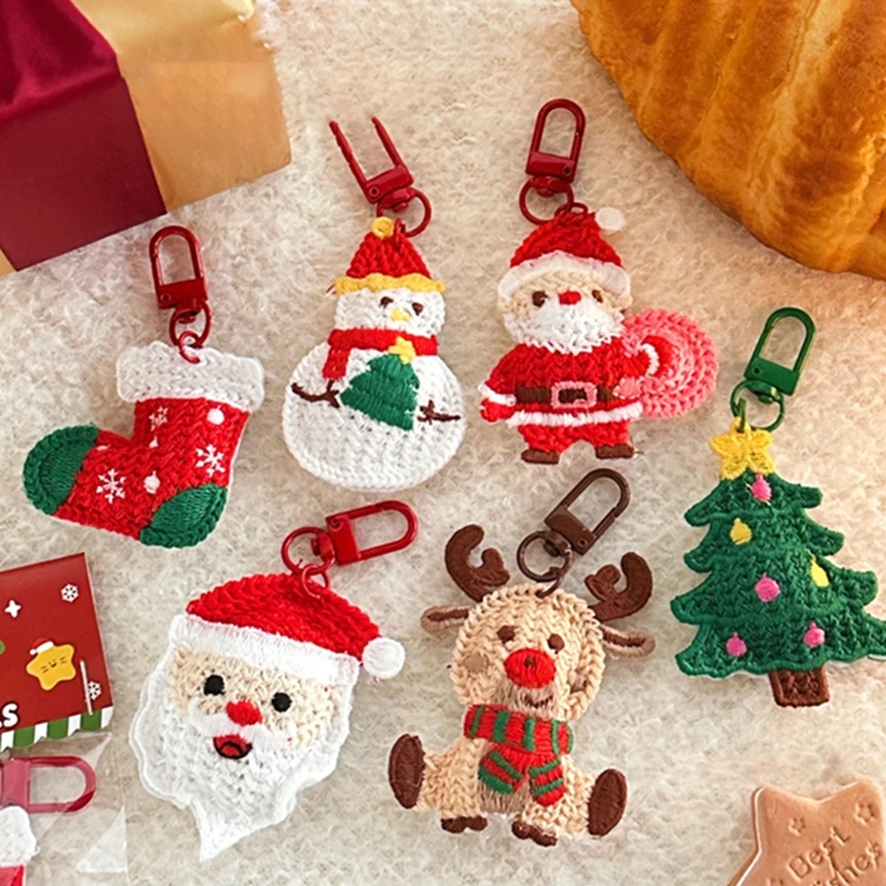 Knit Santa Keychain Cartoon Claus Key Fob Cute Xmas Tree Keyring for Christmas Decoration Phone Backpack Purse Gift Party Favors