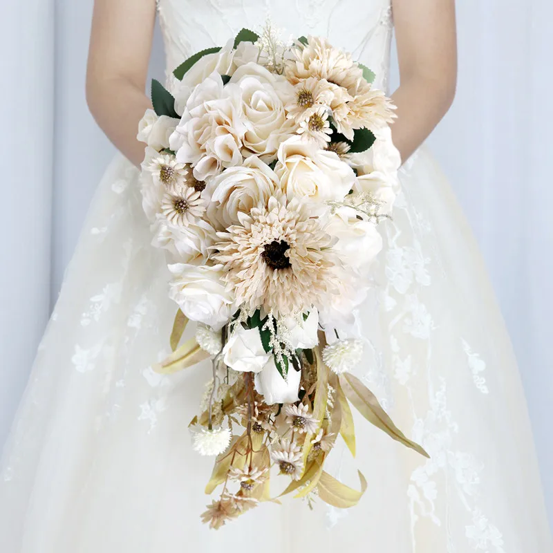 

Beautiful Waterfall Wedding Bridal Bouquet Bridesmaid Hand Tied Artificial Flower Decoration Holiday Party Flowers Rose Gift