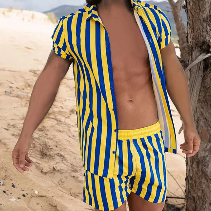 

Summer Stripe Printing Short Sleeve Button Shirt Beach Shorts Two Set Casual Holiday Mens 2 Piece Suit Trend Men Hawaiian Sets