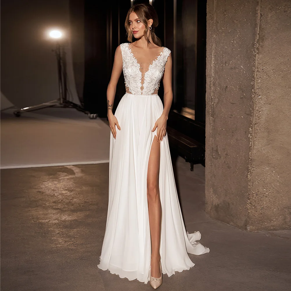 

Boho Wedding Gown Sheer Bateau Sleeveless Thigh Slit Sexy Wedding Dress Column Chiffon Sweep Train Illusion Beach Bridal Gowns
