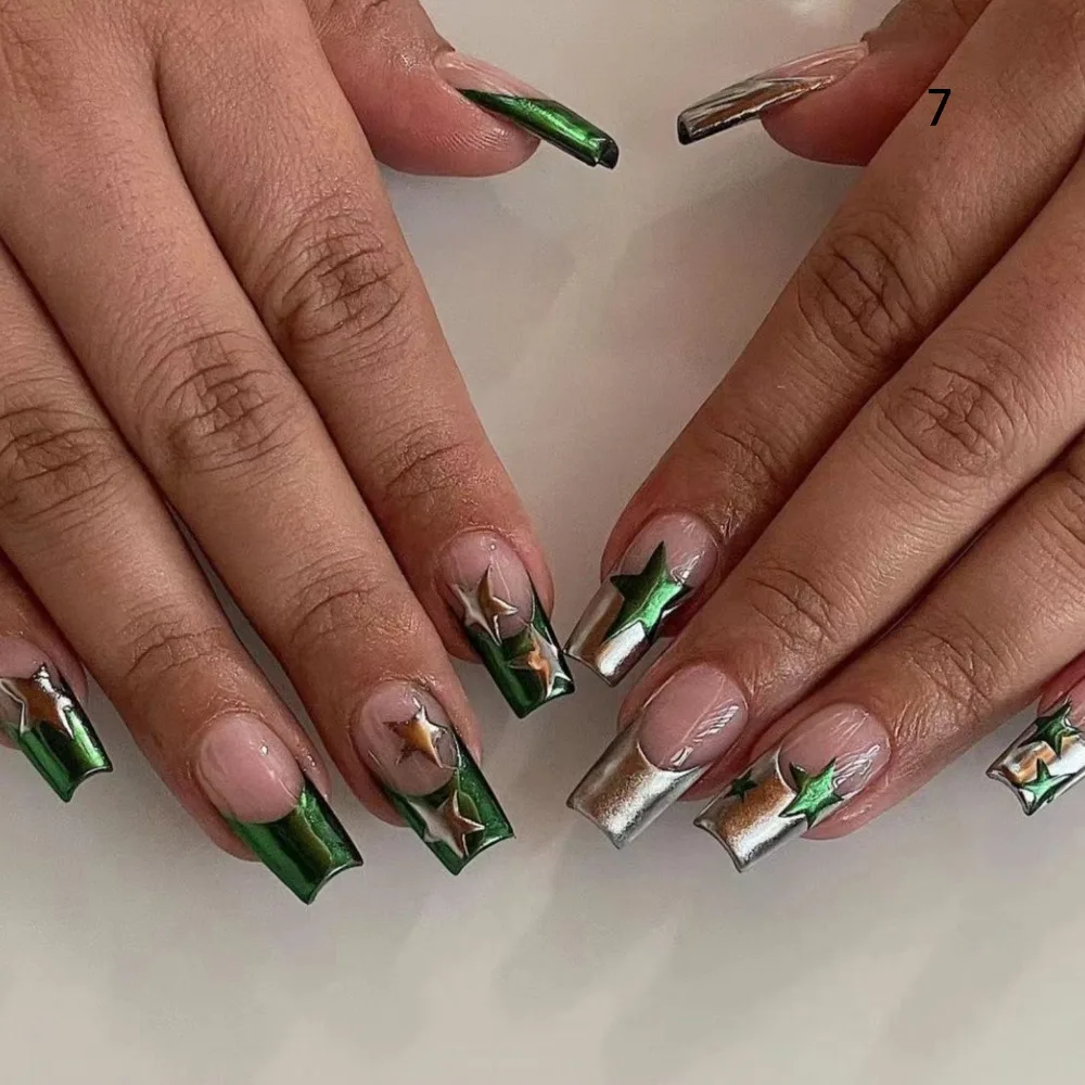 24PCS Medium T-Shaped False Nail Green Glittering Pentagram French Fake Nails Waterproof Artificial Full Cover Press on Nails