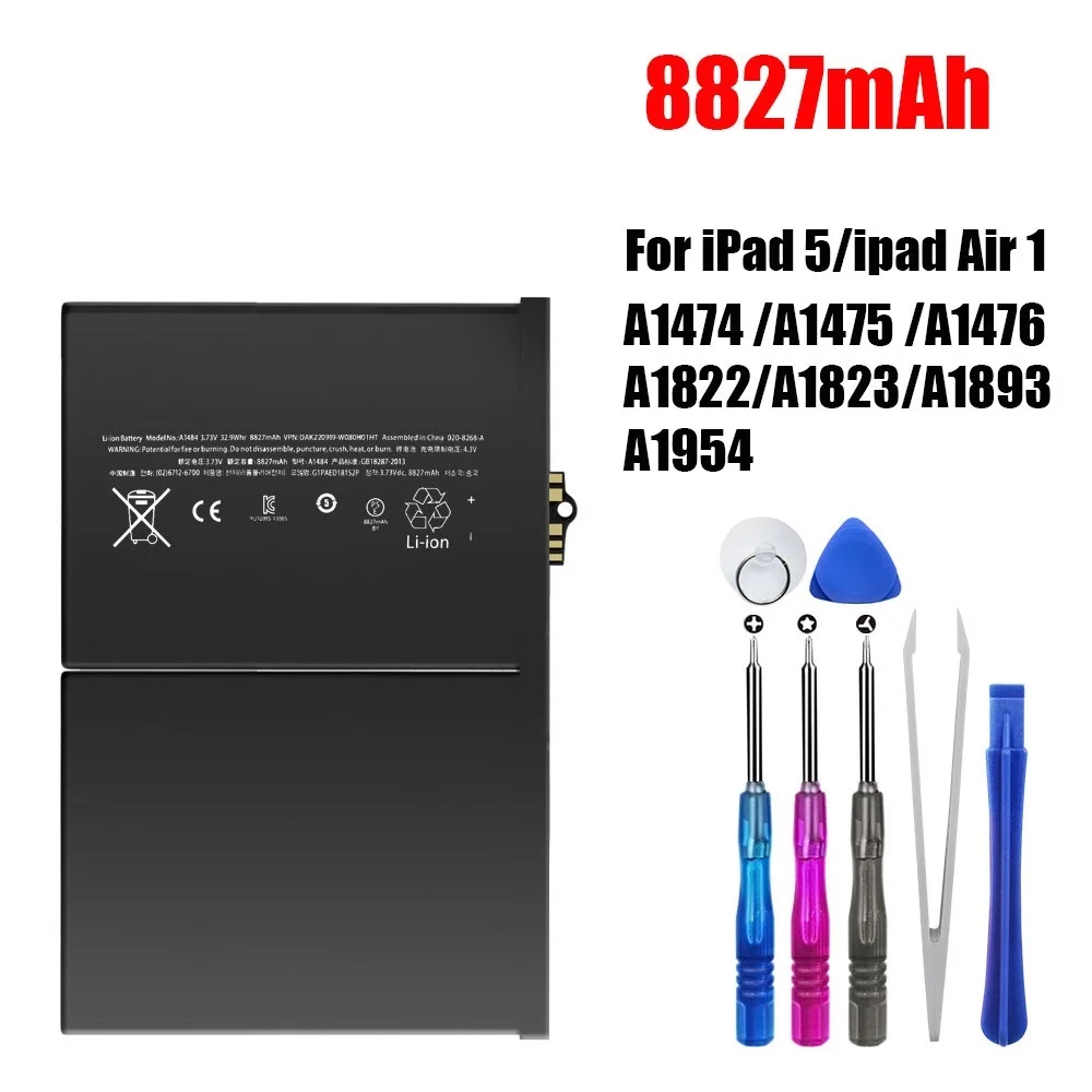 

2022 8827mAh Tablet Battery For iPad 5 Air 1 Replacement Bateria A1474 A1475 A1476 A1822 A1823 A1893 A1954 Battery With Tool