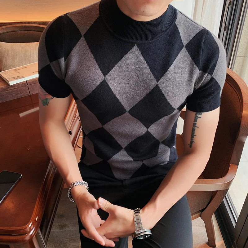 

2022 Men Short Sleeve Argyle Design Knit Sweater Pullovers Autumn Winter Clothin High collar Knit shirt Slim Fit Warm Tops S-3XL