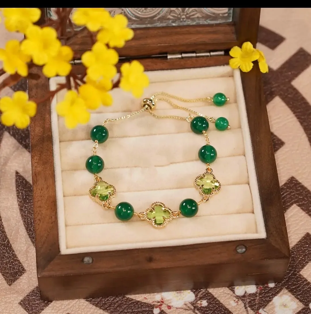 Винтажные Ювелирные Изделия Зеленый Халцедон Клевер Счастливая Леди браслет