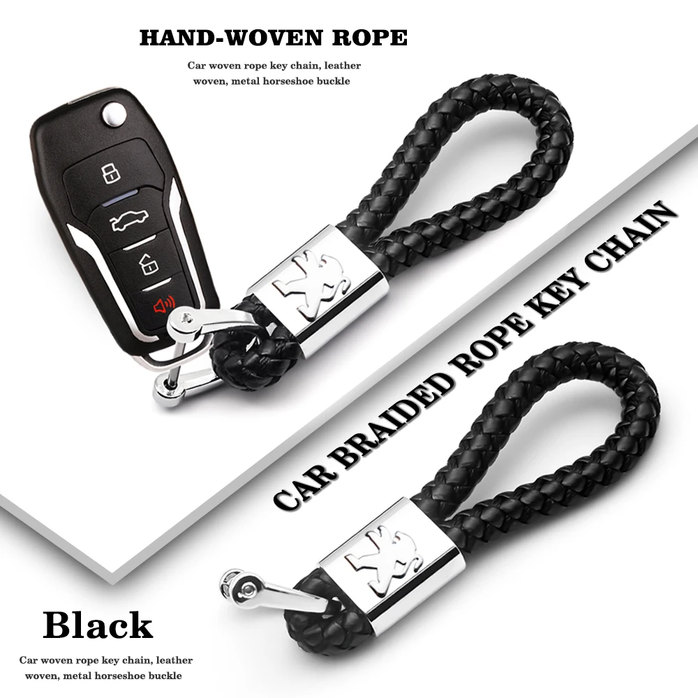 

Car Leather Keychains Metal 360 Degree Rotating Horseshoe Buckle Braided Rope Keyrings For Peugeot 107 108 206 207 301 3008 307