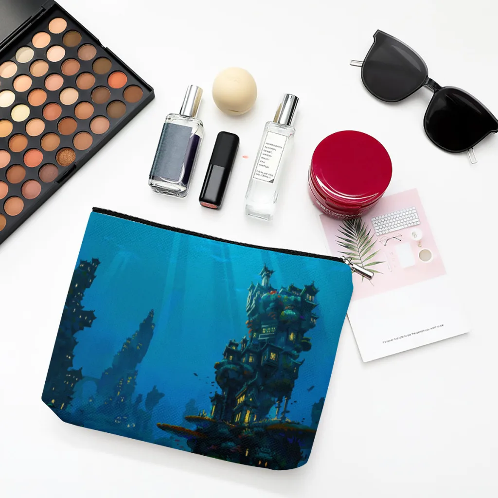

City In Water Linen Women Cosmetic Bag Illustration Makeup Pouch Lady Tote Purse Zipper Clutch Phone Purse