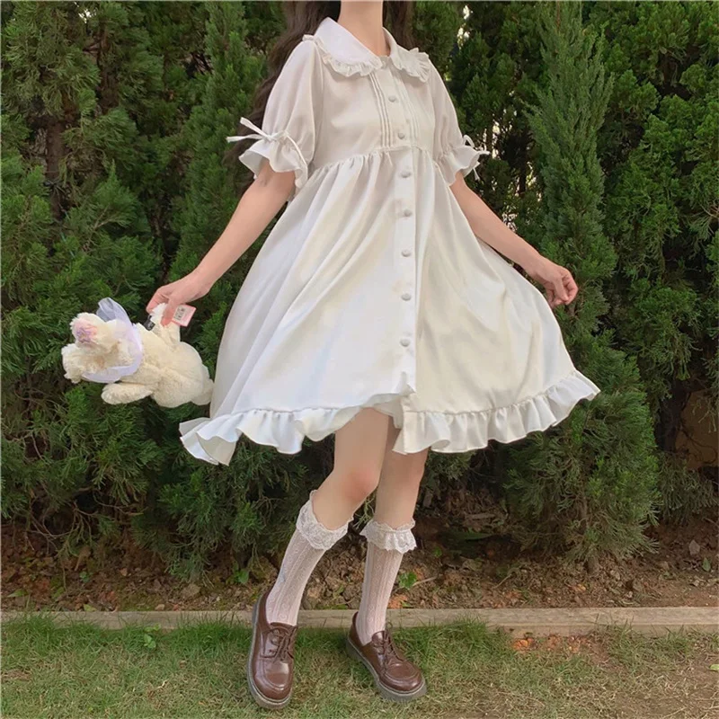 

Japanese Sweet Girl Lolita Drees Kawaii Peter Pan Collar Cute Ruffle Puff Sleeve Drees White Solid Color Elegant Retro Drees