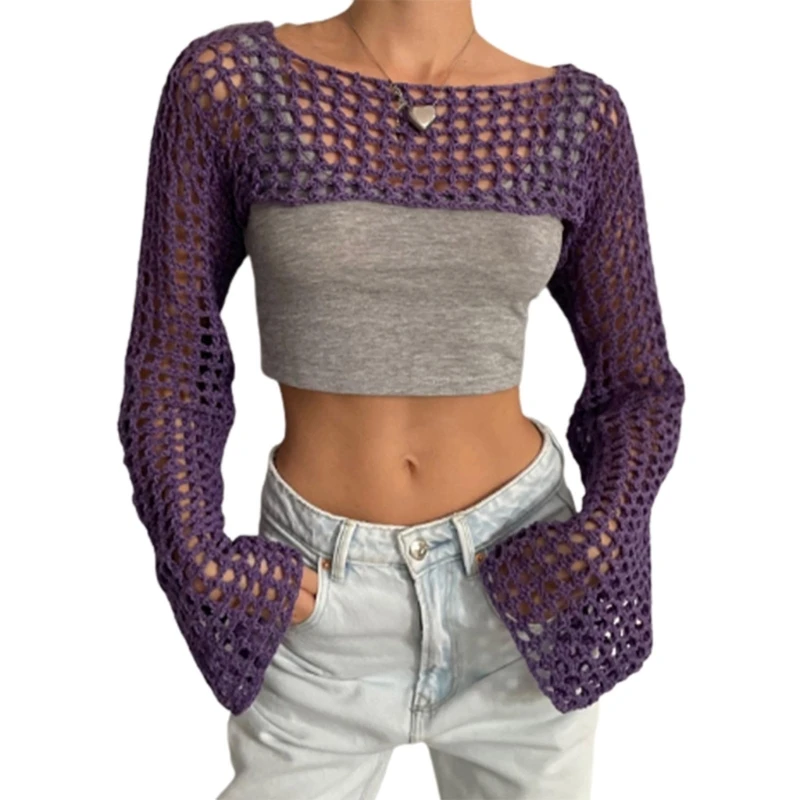 

Womens Loose Crochet Cover-ups Swimwear Hollow-Out Beach Crop Top Cover-ups Swimsuit Cover Sunscreens Beachwear T-Shirts