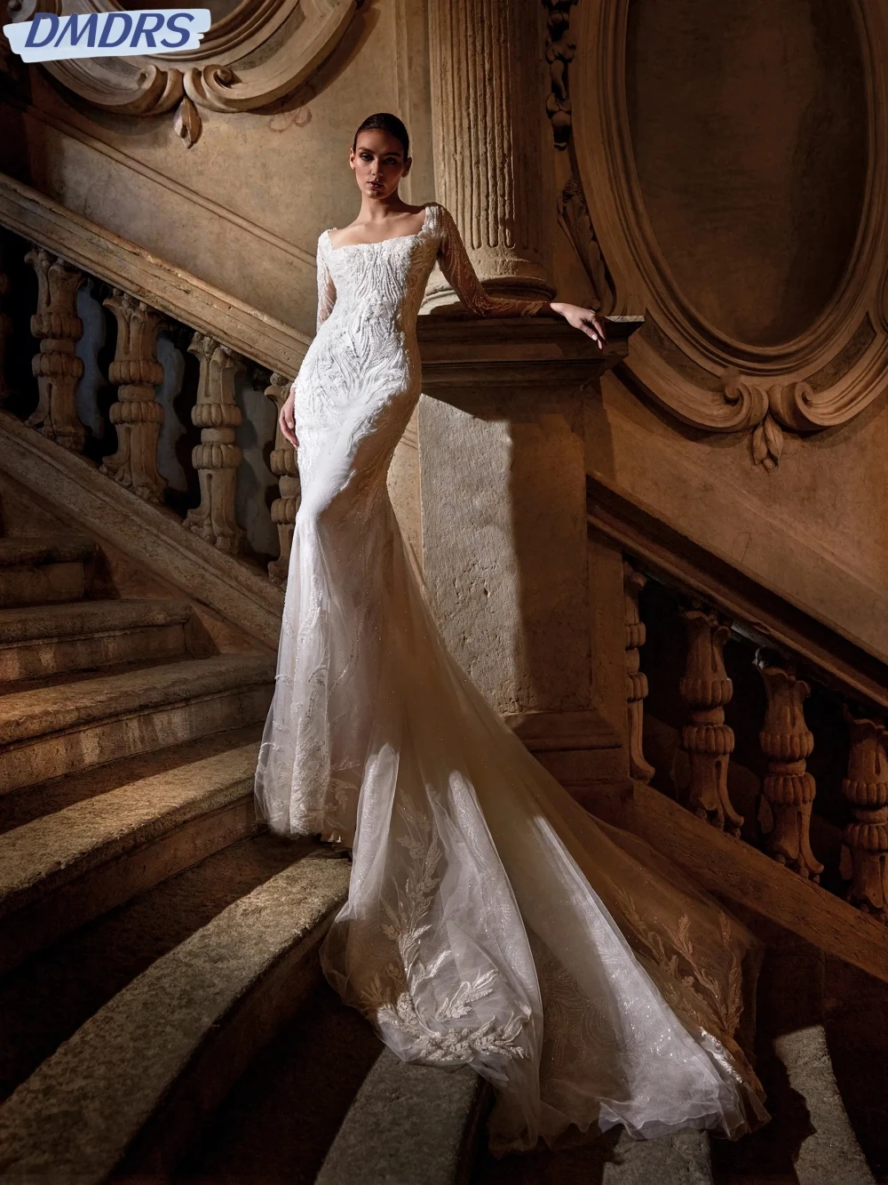 Скромный халат невесты с квадратным вырезом и длинными рукавами свадебное