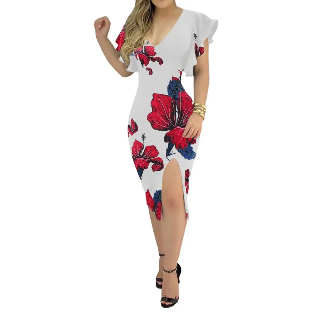 

Платье женское средней длины с коротким рукавом, цветочный принт с оборками, облегающая Талия, контрастных цветов, для выпускного вечера, ле...